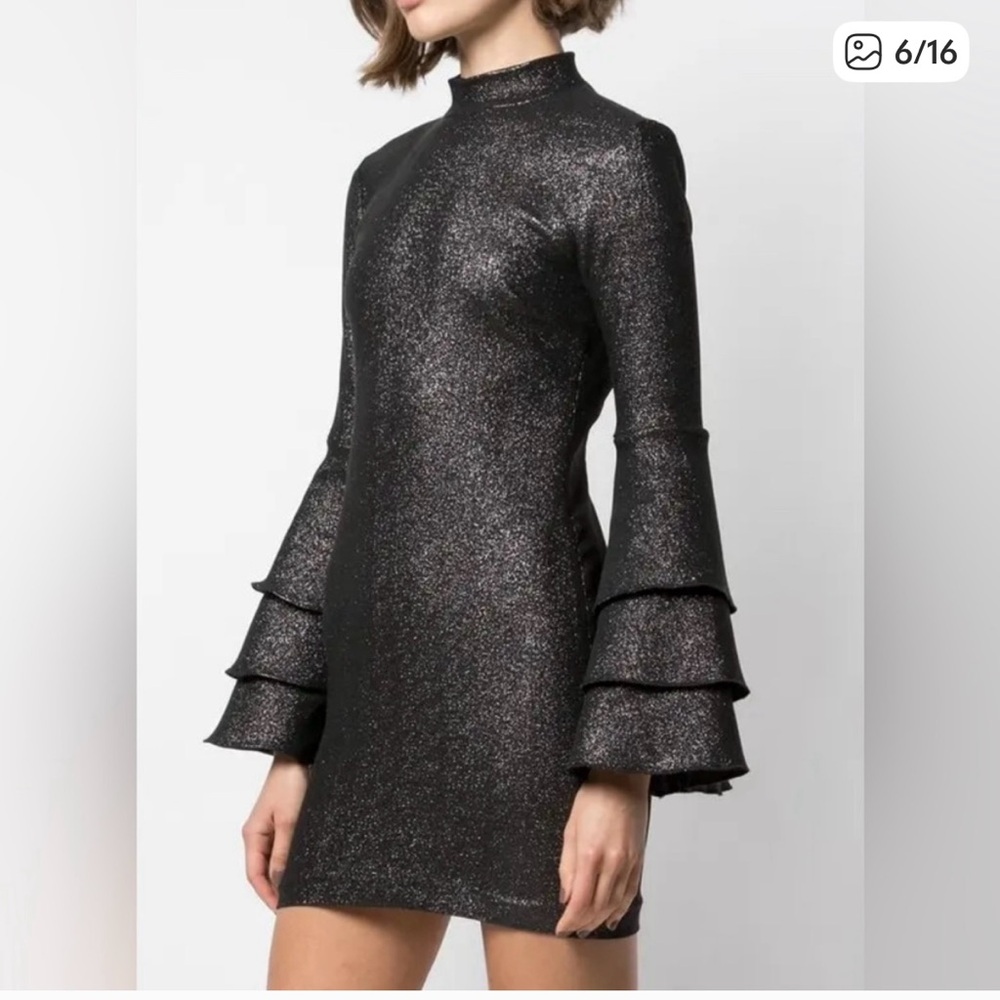 Cynthia Rowley Shimmering Black Ruffle Long Sleeve Dress - Picture 6 of 11